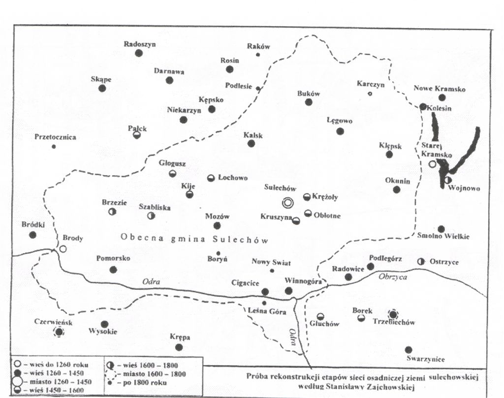 Mapa osadnicza, na której Brody figurują jako wieś istniejąca przed 1260 rokiem (Ziemia Lubuska: Opis geograficzny i gospodarczy, Bogumił Krygowski, Stanisława Zajchowska)
